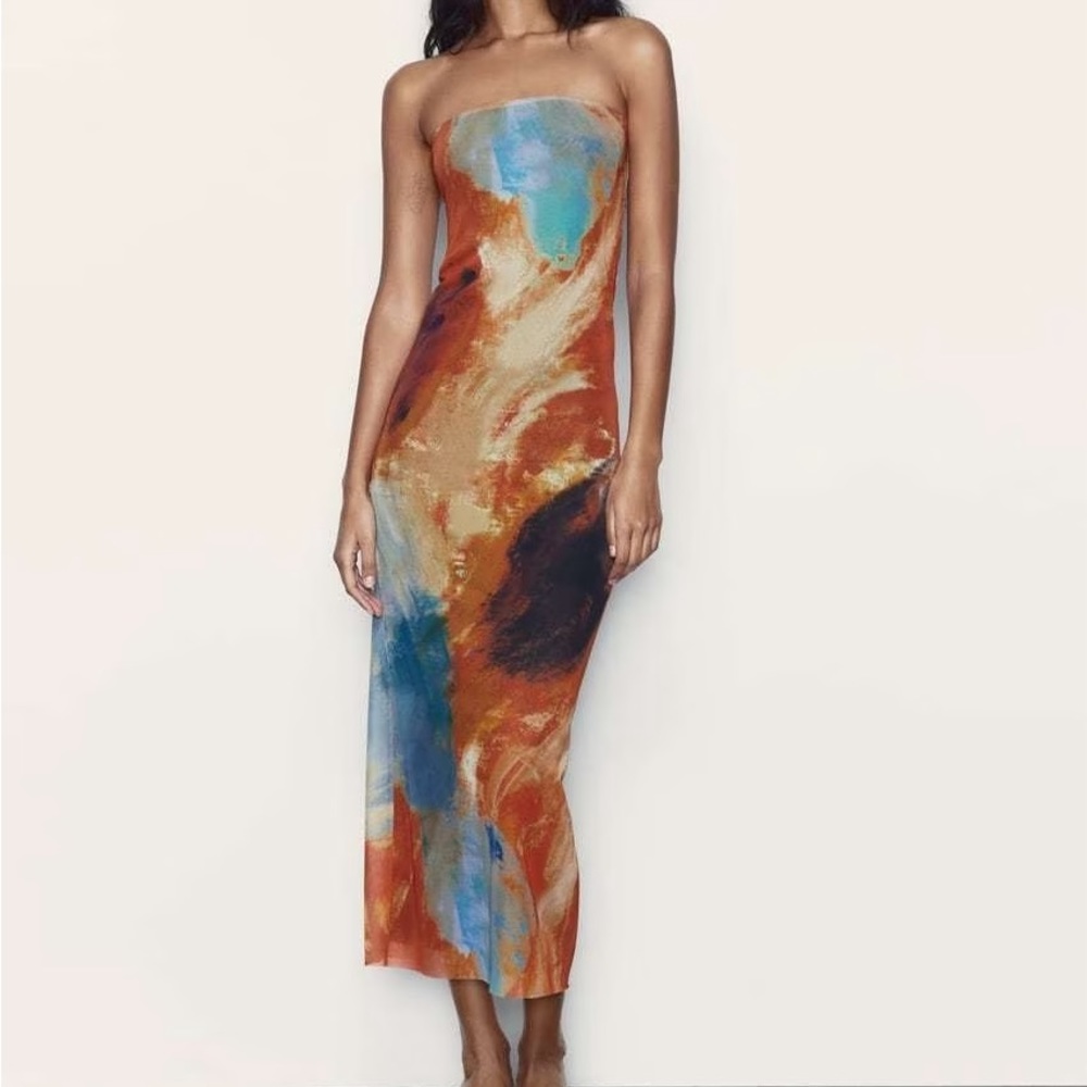 Zara Strapless Abstract Midi Dress - Orange and Blue